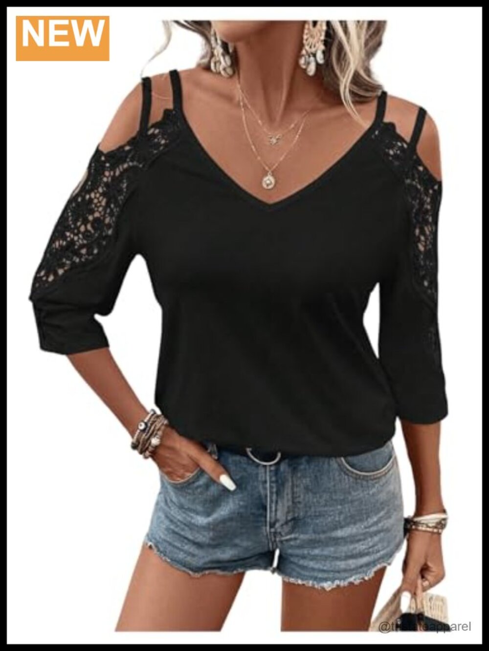 Lace Cold Shoulder Blouse V Neck Cut Out 3/4 Sleeve Top